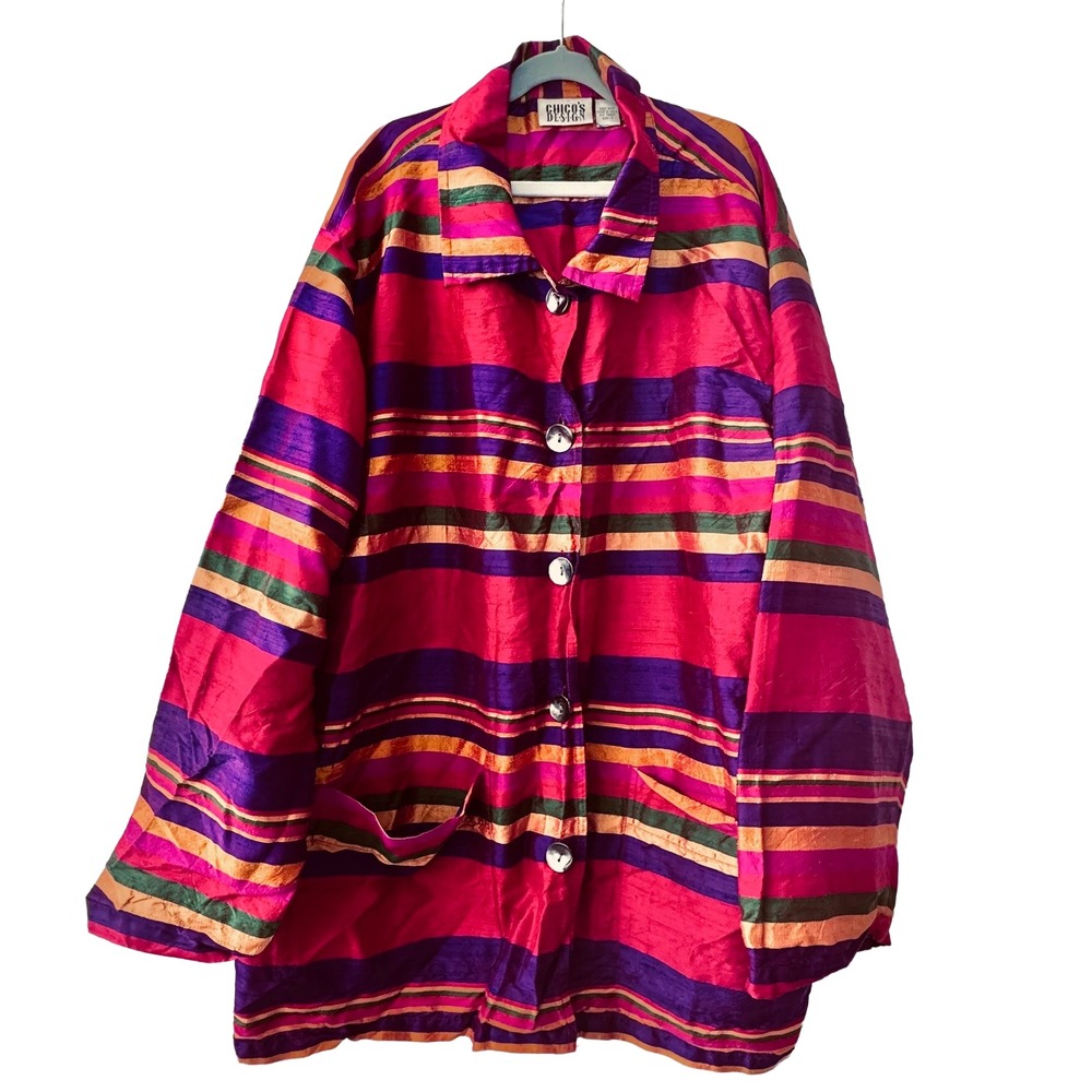 Chico's Design 100% Silk Striped Jacket Size 3 Jewel Tone Artsy Boho Womens